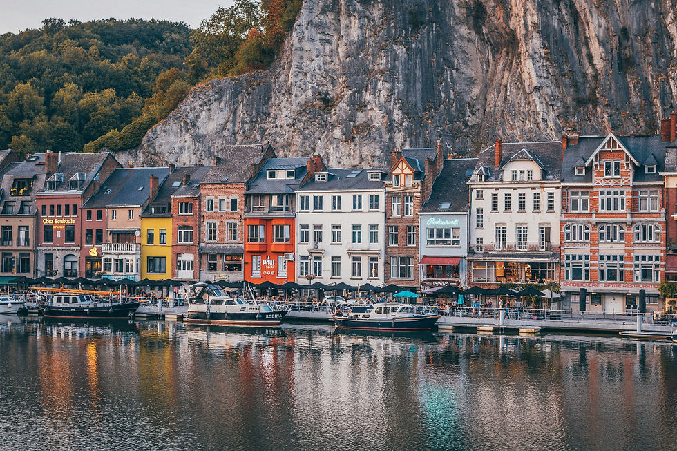 Veduta di Dinant in Vallonia con case colorate affacciate sul fiume Mosa e parete rocciosa sullo sfondo.