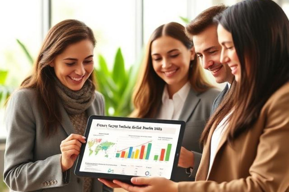 Gruppo di giovani professionisti osserva un tablet con grafici e dati, simbolo di formazione, competenze e innovazione nel turismo sostenibile.