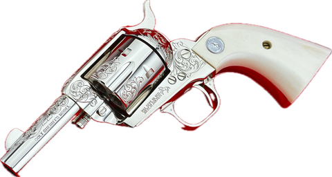 Silver ornate revolver with intricate engravings and white handle against black.