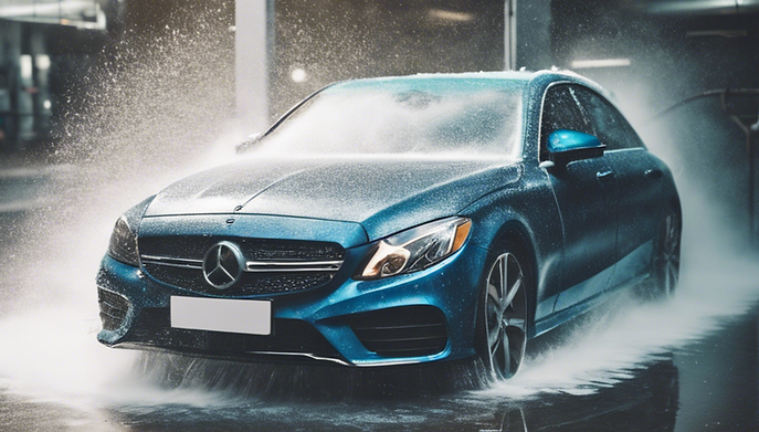 clean car in car wash being sprayed