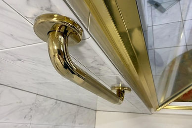 Brass grab bar mobility transfer aid systems in shower.