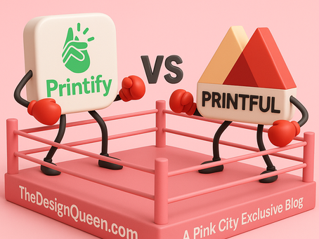 3D cartoon-style image of Printful and Printify logos in a pink boxing ring with gloves on, ready to fight, labeled ‘TheDesignQueen.com’ and ‘A Pink City Exclusive Blog’.