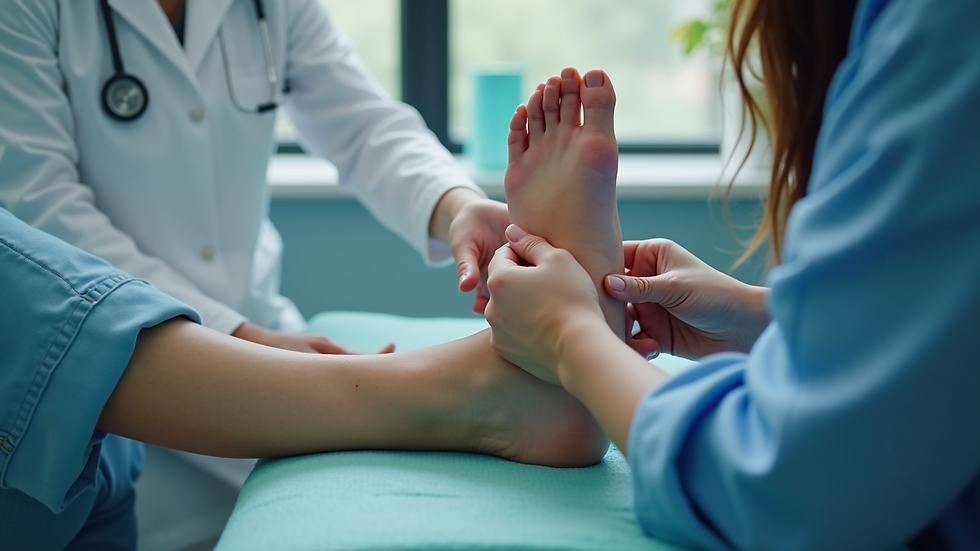 High angle view of a podiatrist examining a patient’s foot