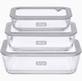 Three clear glass containers with gray lids stacked on top of each other, labeled 23 oz, 48 oz, and 87 oz. White background.