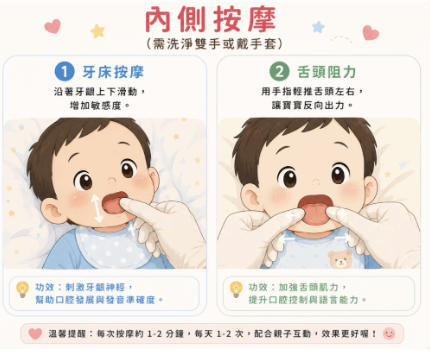 家長必學!每日 3 分鐘「口腔按摩操」 【內側按摩】(請先洗淨雙手或配戴清潔手套)