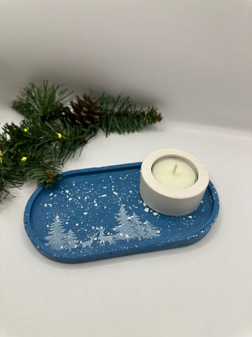 Dark blue trinket tray with decorative snowy scene and white tea light holder