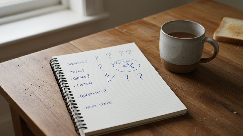 Close-up view of a notebook with handwritten questions beside a mug.