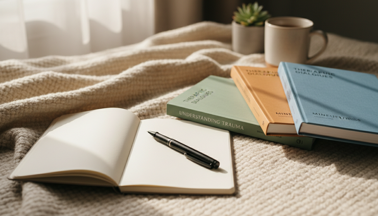 Close-up of a notebook beside counselling textbooks on a soft woven blanket