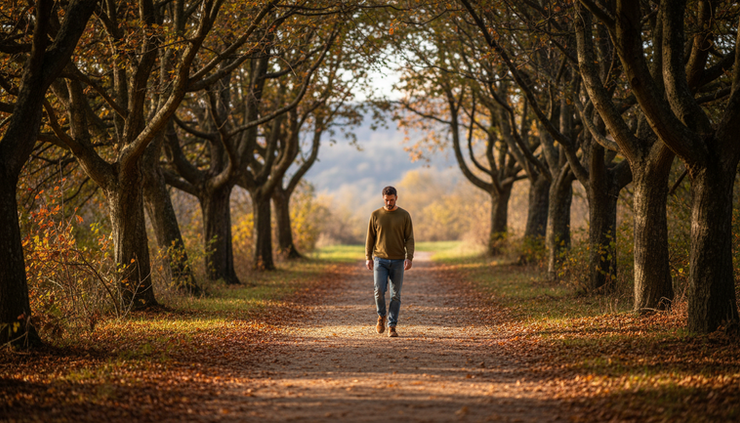 Eye-level view of a person walking along a quiet tree-lined path in soft afternoon light