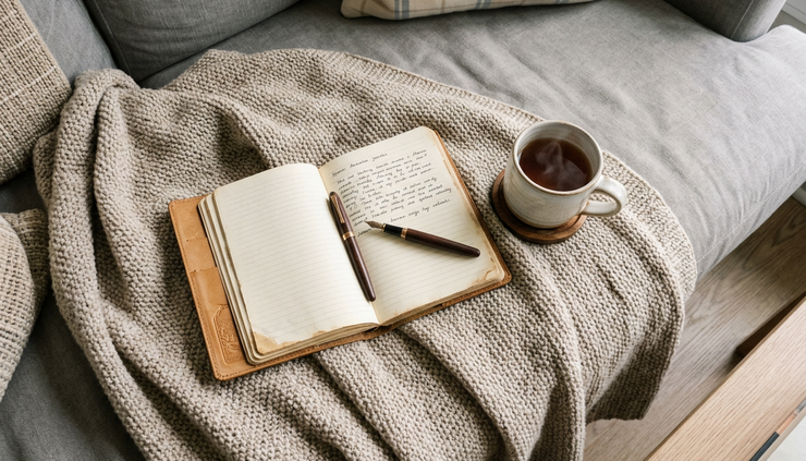 Overhead view of a cosy blanket, journal, and warm drink on a sofa.