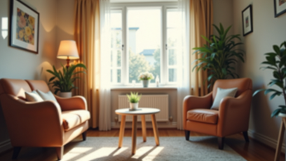 Eye-level view of a cozy counselling room with soft lighting