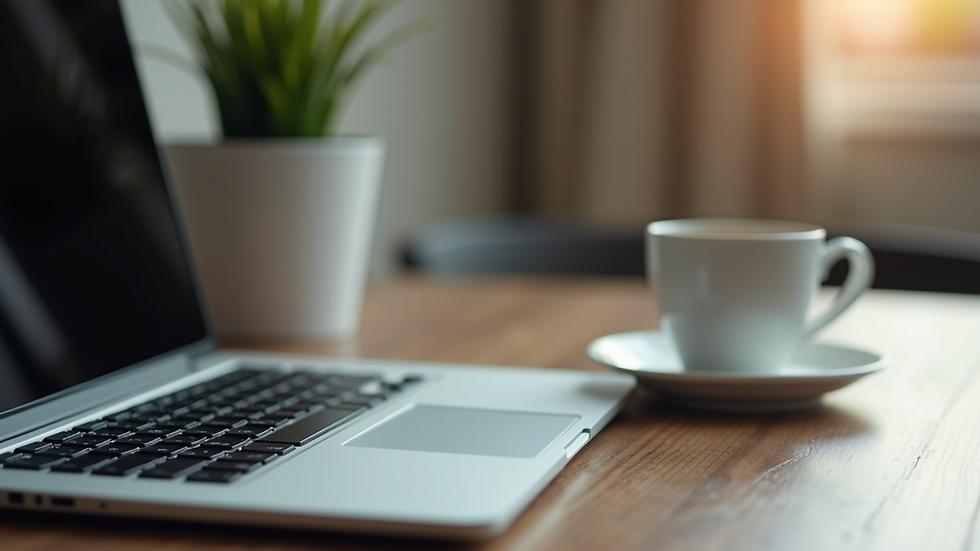 Eye-level view of a laptop on a desk with a cup of tea beside it