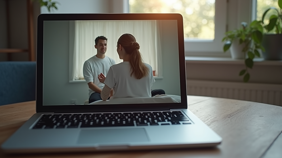 Eye-level view of a laptop screen showing a calm online therapy session