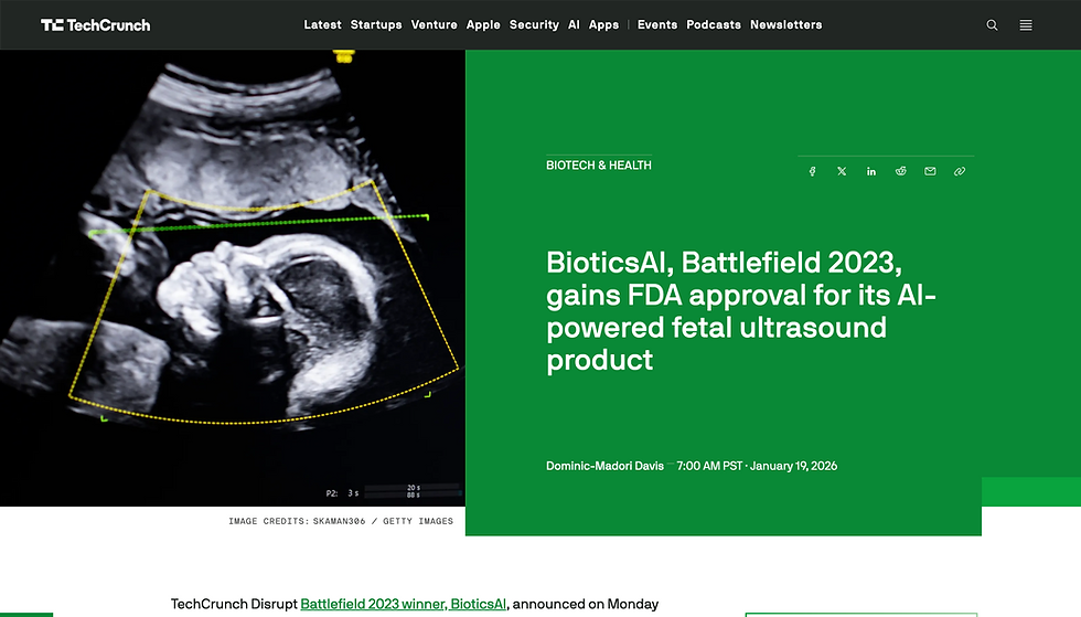 TechCrunch: BioticsAI, gains FDA clearance for its AI-powered fetal ultrasound product