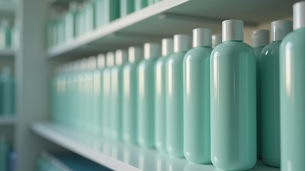 Close-up view of shampoo bottles lined up on a shelf