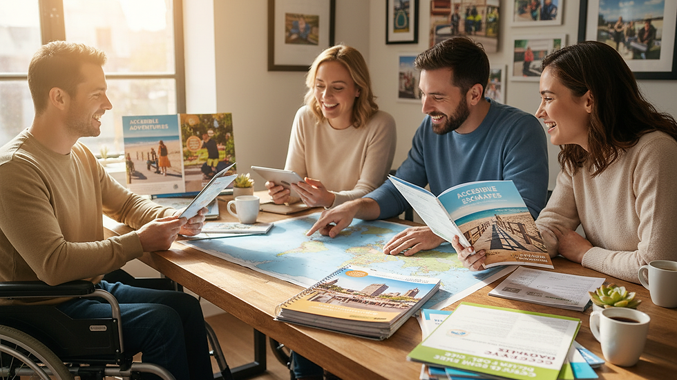 Close-up view of a travel agent’s desk with brochures and accessibility guides