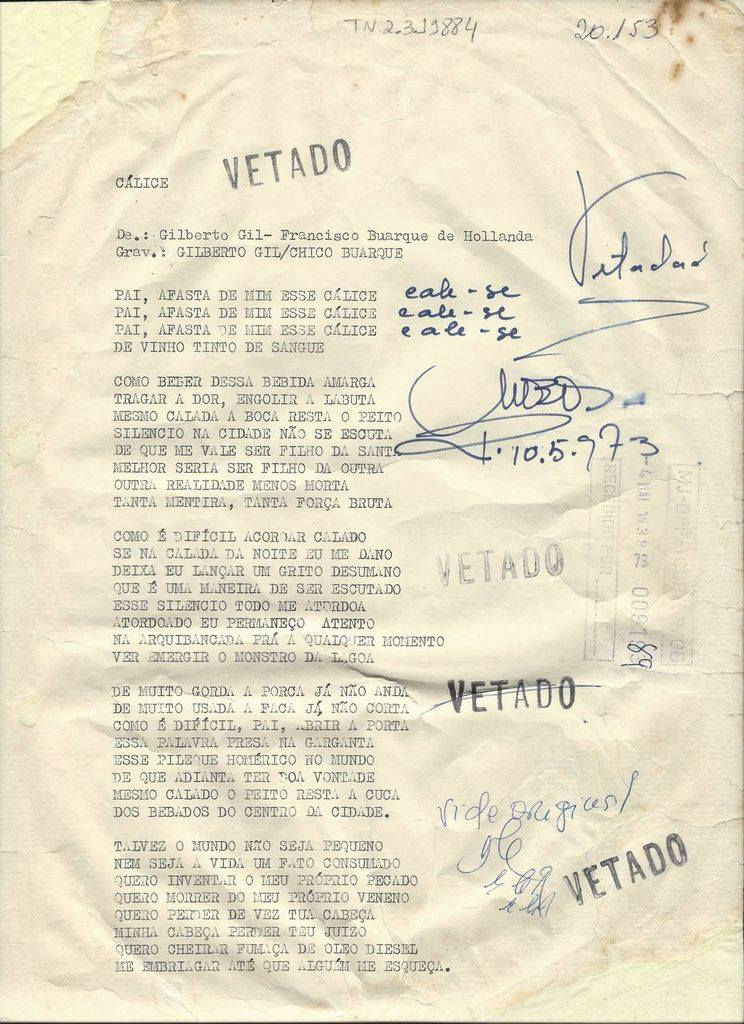 A Divisão de Censura de Diversões Públicas era responsável por vetar produções que fossem contra o governo militar. Fonte: Arquivo Nacional, Serviço de Censura de Diversões Públicas, TN 2.3.19884