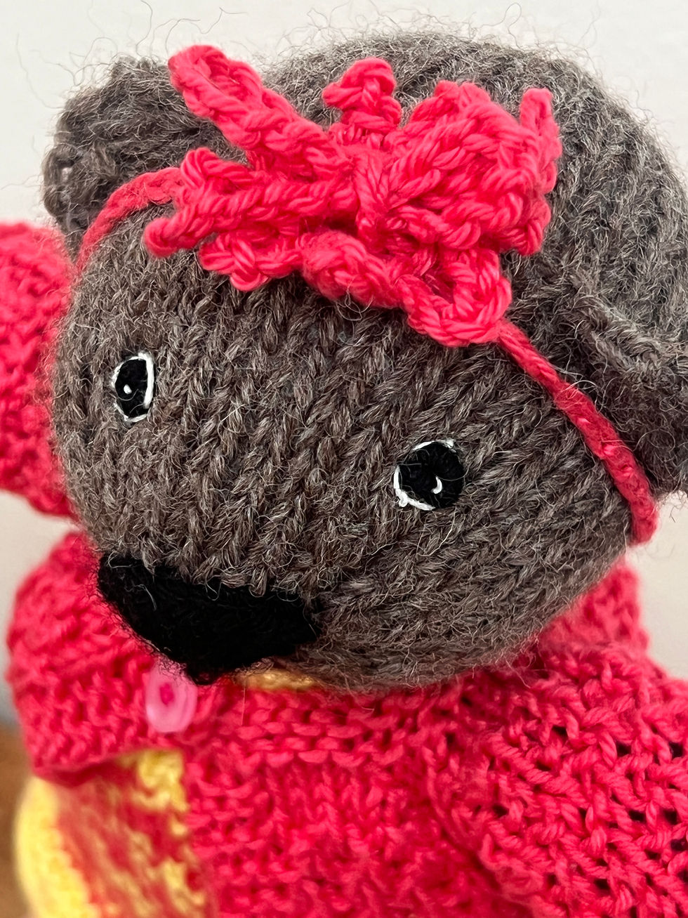 Miniatura: Knitted Wombat in Raspberry and Lemon Dress with Flower Headband