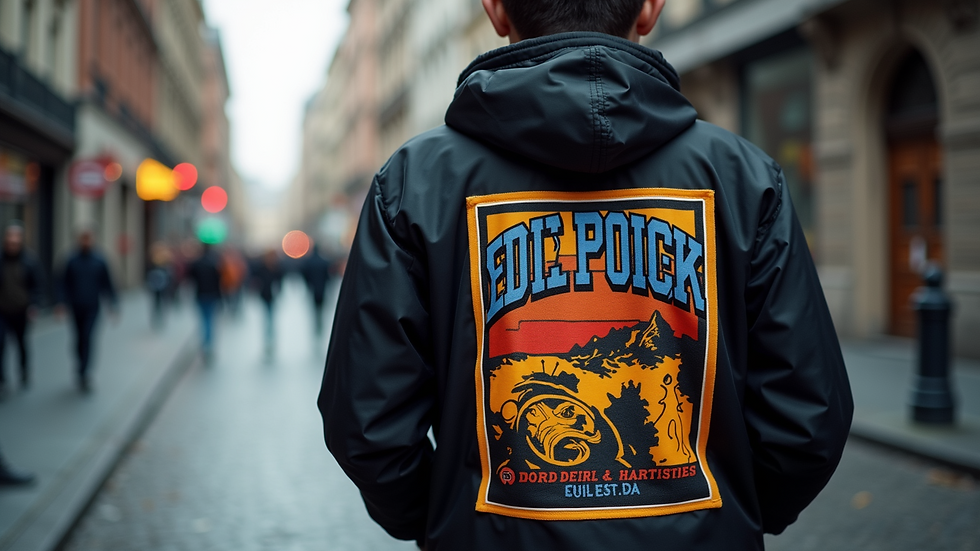High angle view of a premium streetwear jacket with bold graphics