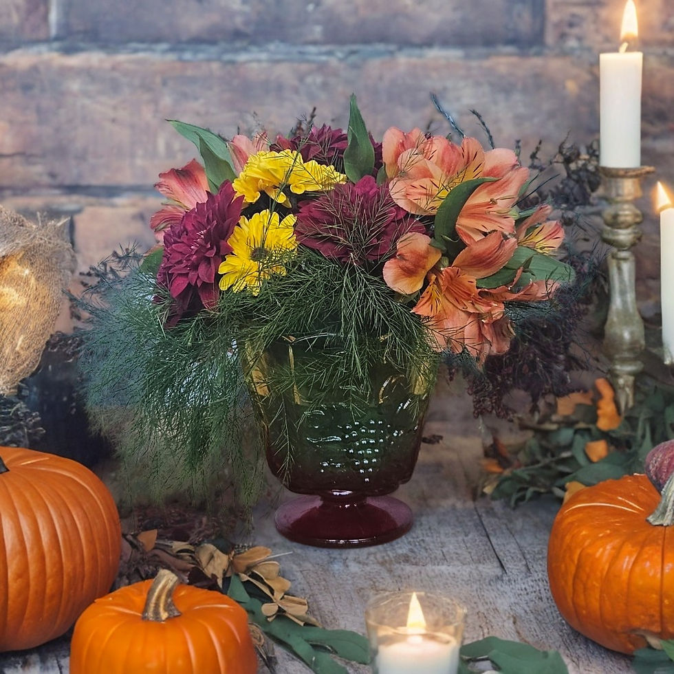 Vintage Two Toned, Etched Jeanette Amberina Glass Pedestal Bowl (circa 1950s-60s) Thanksgiving arrangement