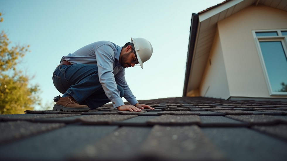 Eye-level view of a home inspector examining a roof for potential issues