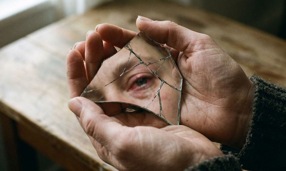 Hands holding shattered glass representing the fractured identity and what is moral injury.