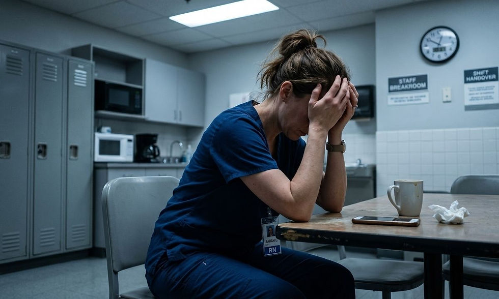 A distressed healthcare worker illustrating the signs of moral injury and emotional burnout.