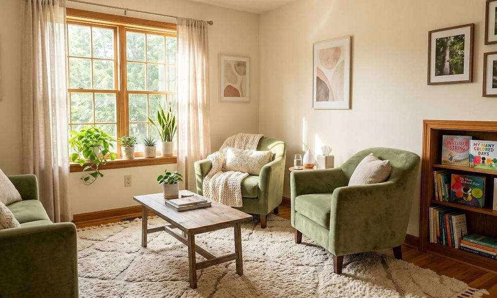 A warm, inviting therapy office space designed for child therapy for anxiety.