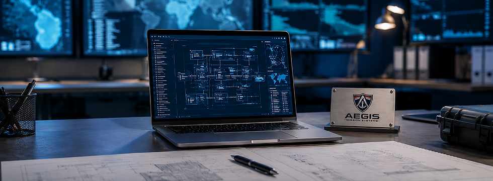 Cybersecurity workstation with a laptop displaying a network diagram, blue-lit monitoring screens, technical blueprints, an equipment case, and an Aegis Mission Systems desk plaque.