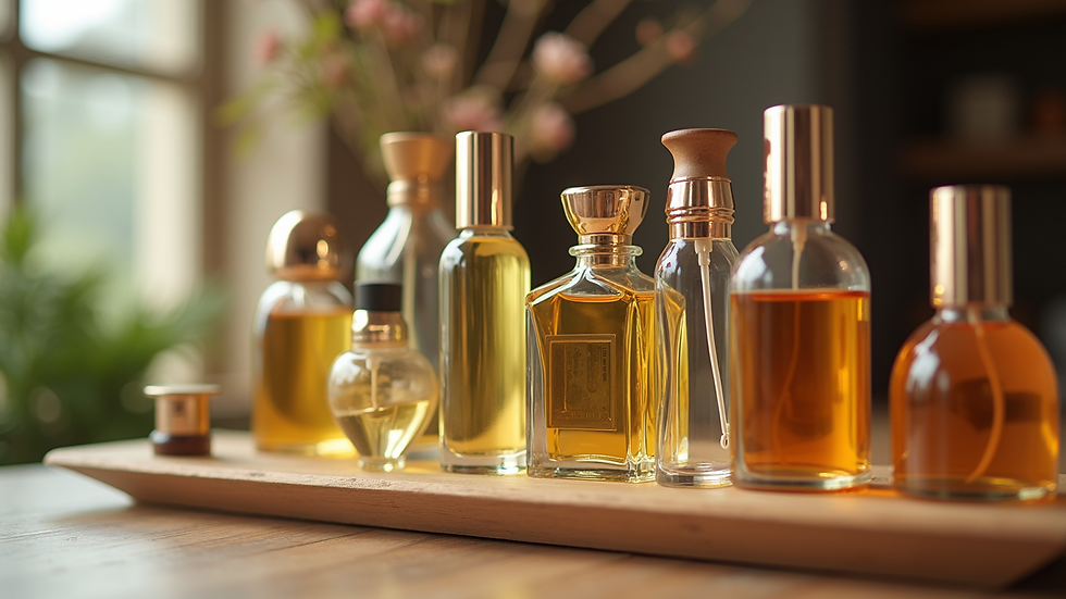 Close-up view of a beautifully arranged selection of handcrafted perfumes