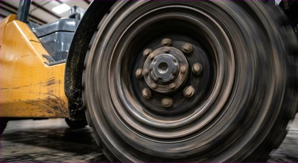 Roda de empilhadeira girando com pneu pneumático