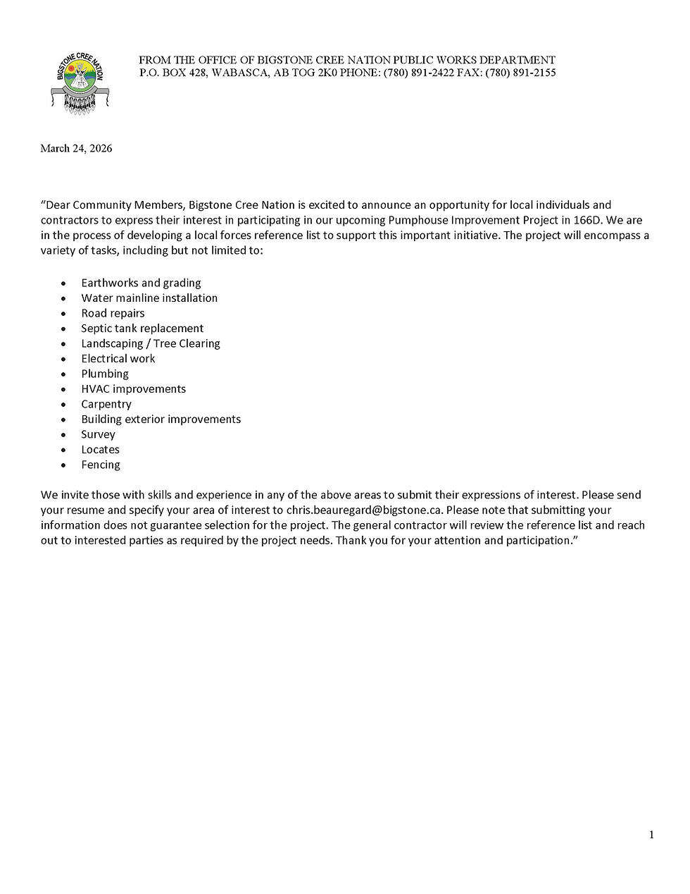 CONTRACTOR CALL OUT RESERVE D PUMPHOUSE UPGRADES