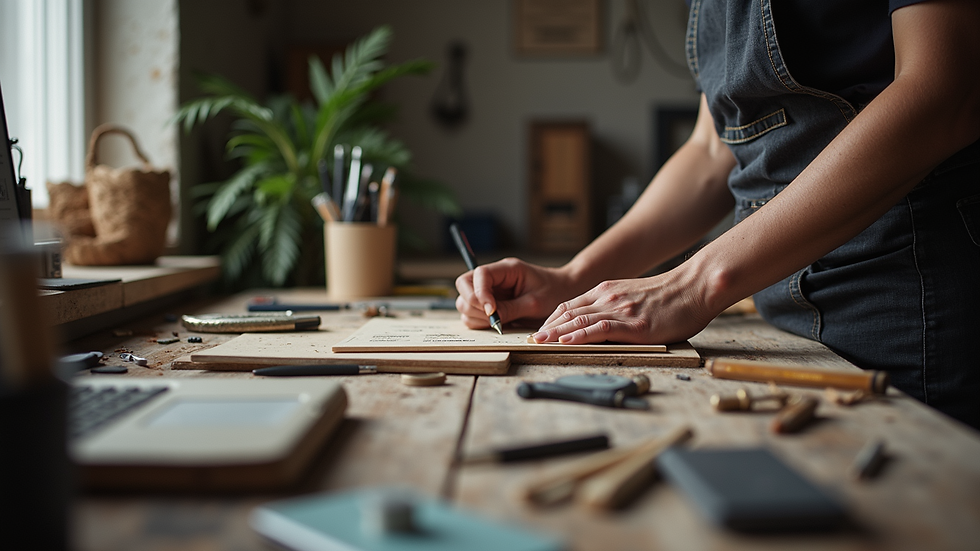Eye-level view of a workspace with organized tools and materials