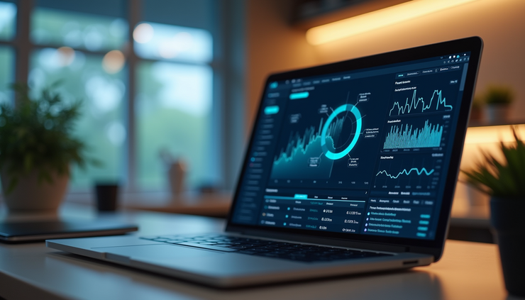 Eye-level view of a modern workspace with a laptop displaying AI analytics dashboard