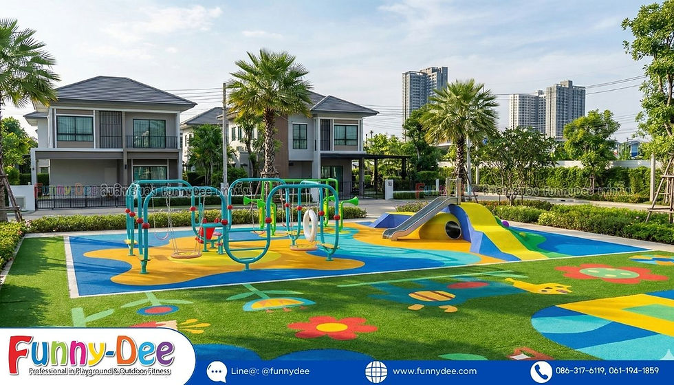 Colorful playground with swings and slide in a housing estate, palm trees and houses behind; Funny-Dee logo and website text visible.