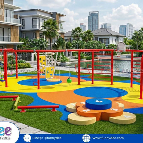 Colorful outdoor playground with red climbing bars and swings in a luxury garden, plus Funny-Dee logo and website text.