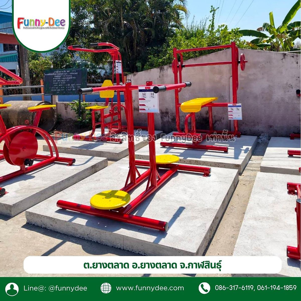 Outdoor outdoor gym with red-and-yellow exercise machines on concrete pads, Funny-Dee logo, and Thai location text in sunny greenery