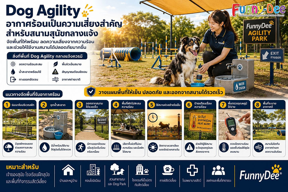 โปสเตอร์ Dog Agility มีหญิงสาวลูบสุนัขในสวนกลางแจ้ง พร้อมอุปกรณ์ฝึก ป้ายและข้อความไทยแนะนำความปลอดภัย