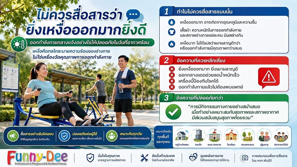 โปสเตอร์ไทยเตือนออกกำลังกายกลางแจ้งอย่างปลอดภัย มีคนเล่นเครื่องออกกำลังกายในสวน และกล่องข้อความสีฟ้าแดงเขียว