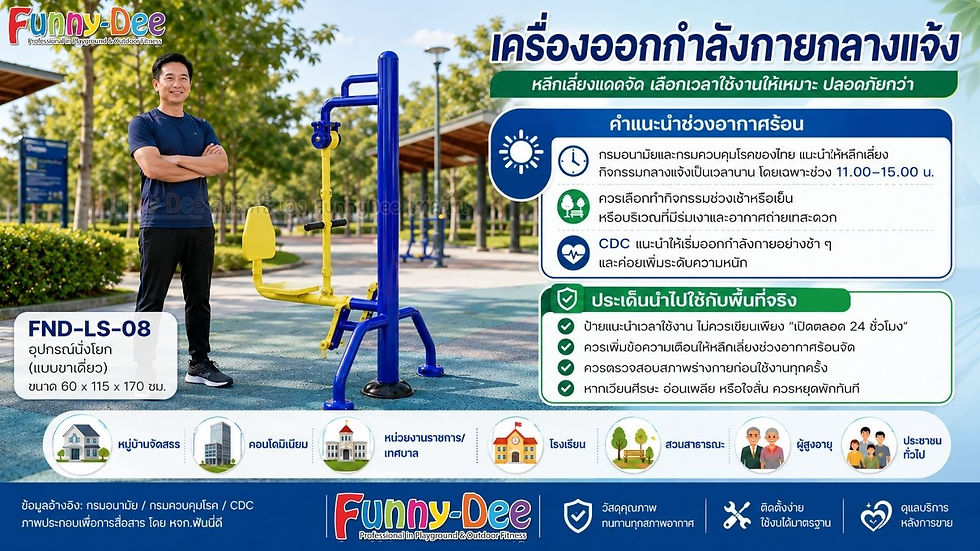 ชายยืนข้างเครื่องออกกำลังกายกลางแจ้งสีฟ้า-เหลืองในสวน พร้อมข้อความแนะนำการใช้ช่วงอากาศร้อนของ Funny-Dee