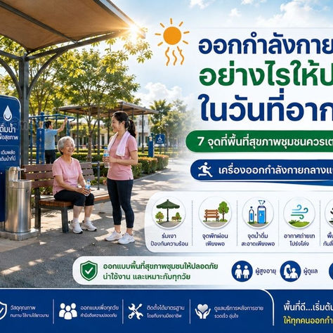 ออกกำลังกายกลางแจ้งอย่างปลอดภัยในวันที่อากาศร้อน: 7 จุดพื้นที่สุขภาพชุมชนพร้อม เครื่องออกกำลังกายหลากหลาย พร้อมจุดพักผ่อนและจุดดื่มน้ำสะอาด เพื่อให้ทุกวัยออกกำลังกายได้อย่างสบายใจ