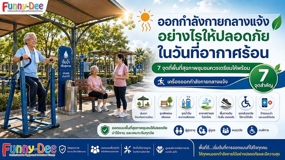 Thai poster: elderly man exercises on outdoor gym in a sunny park; woman sits nearby. Large Thai text about staying safe in hot weather.
