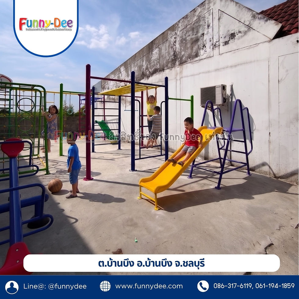 Kids play on a colorful rooftop playground; one slides while others climb. Funny-Dee logo and Thai location text appear under a bright sky.