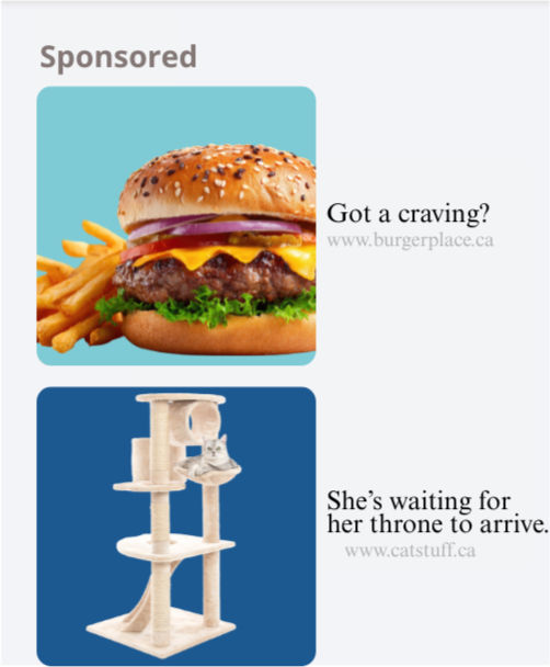 Example of sponsored Facebook (Meta) Ads for a burger joint and a cat toy online store. Get your own social media adverts running with help from Cinch Communications