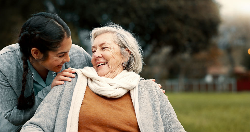 Caregiver helping woman with disability in park for support, trust and care in retirement.