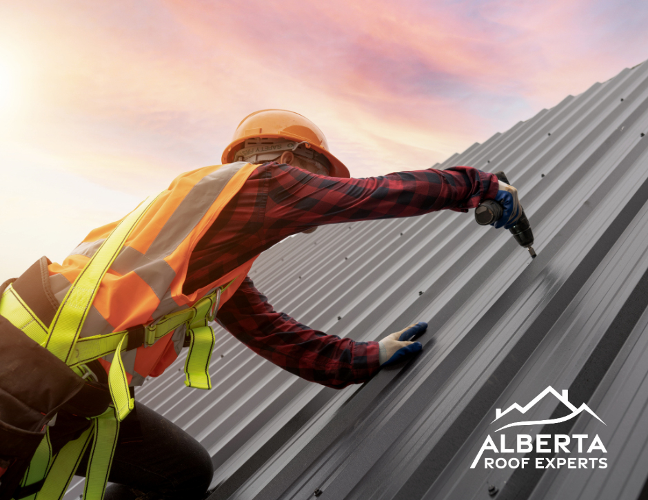 "Should I Choose a Metal Roof?" Red Deer roofer performs maintenance on a metal roof. | Alberta Roof Experts
