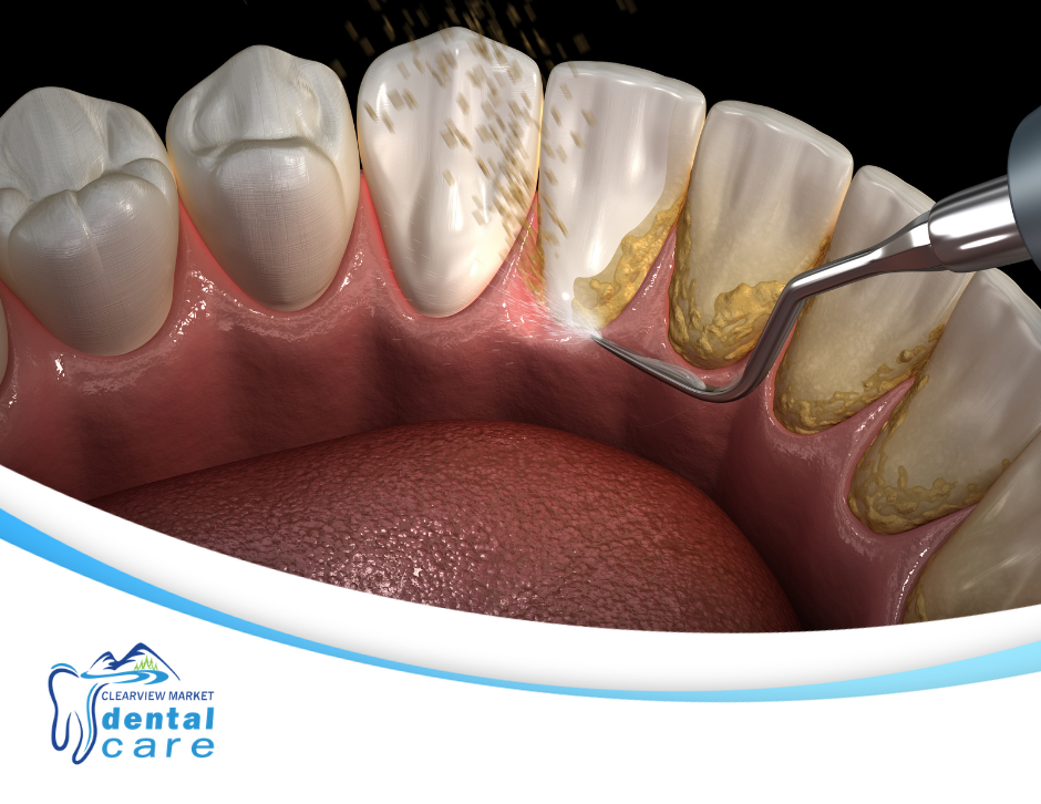 digital representation of dental scaling along the back of a patient's front teeth. Clearview Market Dental's dentists in Red Deer handle teeth cleaning for the whole family