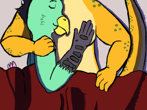 chocobo and gecko hugging in bed