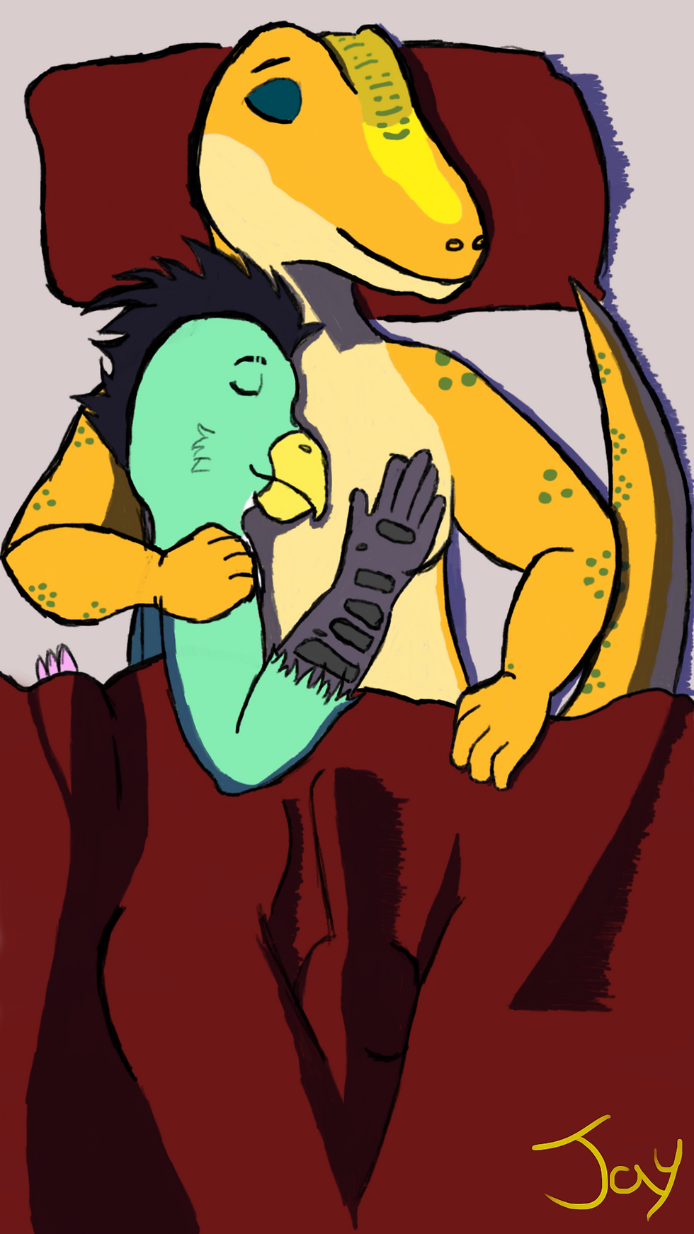 chocobo and gecko hugging in bed