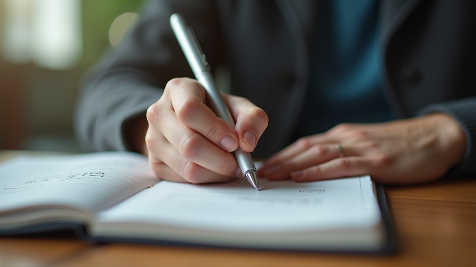 Close-up view of a person writing in a notebook with a pen